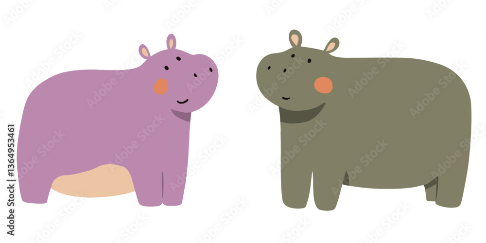 Obraz premium Clip art hand drawn vector illustration of two cute funny hippos, an adorable pair of cartoon hippopotamuses, isolated on white background.