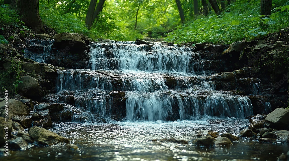Fototapeta premium A waterfall cascades down rocky cliffs in a green forest, displaying nature's raw beauty.