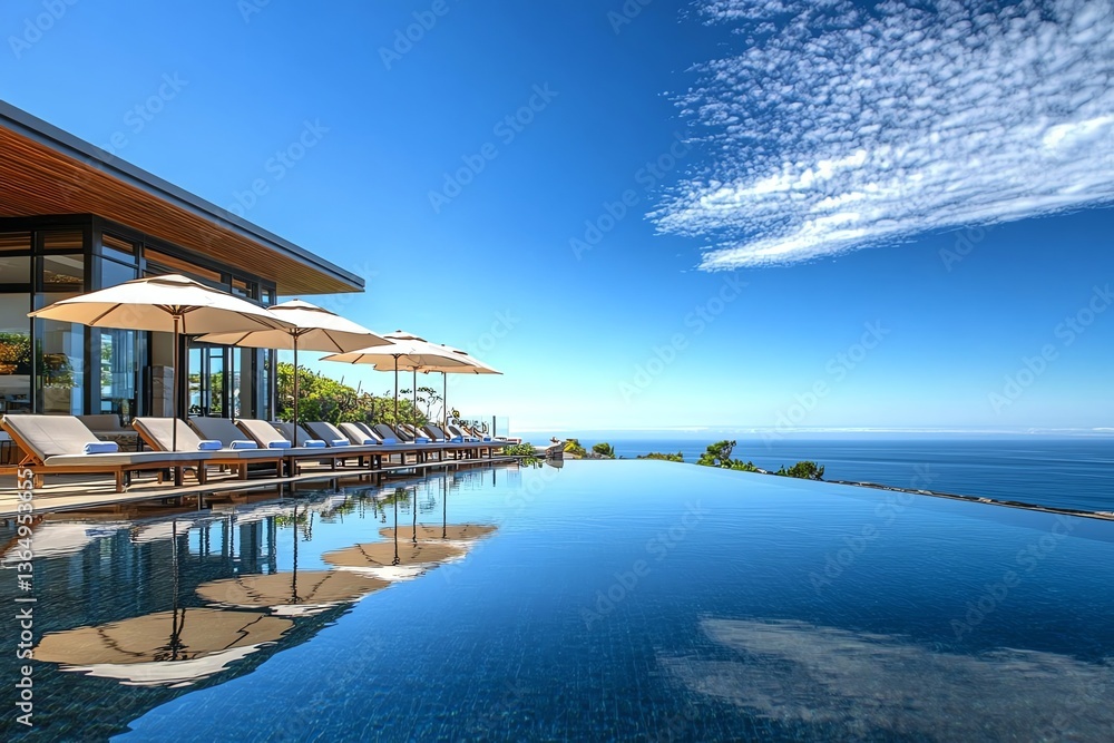 Fototapeta premium Relaxing by Infinity Pool Overlooking Ocean on Sunny Day Vacation