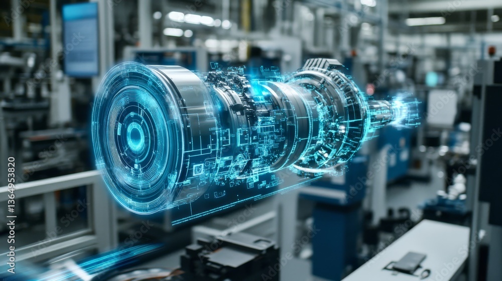 A modern, digital depiction of an engine part or machinery component, with glowing blue and orange accents