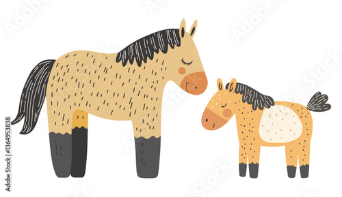 Clip art hand drawn vector illustration of different cute funny horses. Two adorable cartoon horses, mother and foal, in a playful doodle style, isolated on white background.