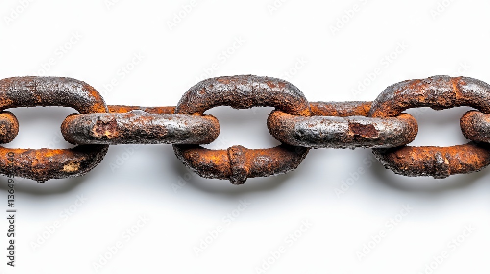 Fototapeta premium An up-close image of a corroded, aged metal chain with deteriorated links, displayed on a white background, showcasing rustic texture, industrial design, macro photography, worn metal, and vintage
