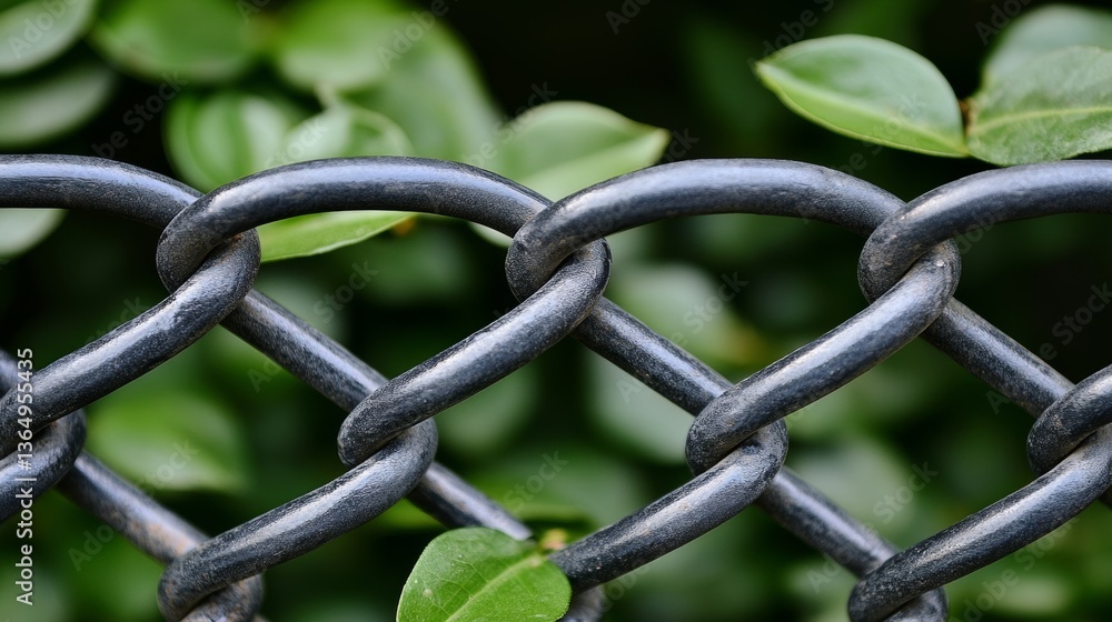 A focused image of a chain-link fence mixed with green leaves, emphasizing the clash between natural and metallic urban elements A focused image of a chain-link fence mixed with green leaves, emphasizing the clash between natural and metallic urban elements