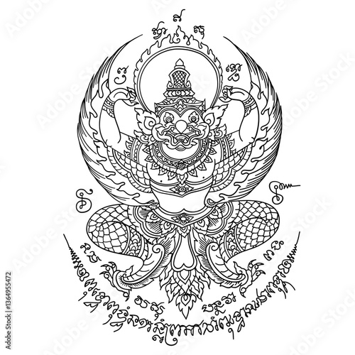 Thai traditional tattoo. Garuda Yantra. Thai text translation: Strength and Power, Protection, Speed and Agility, Dominion and Authority