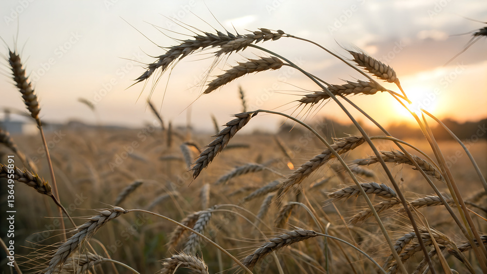 Fototapeta premium Ripe wheat ears swaying in field at golden sunset in summer