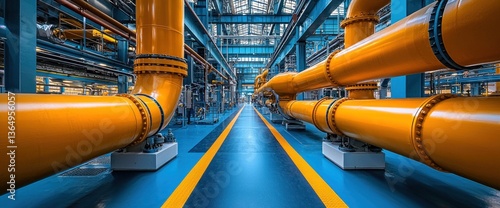 Industrial facility interior with large yellow pipes and blue flooring