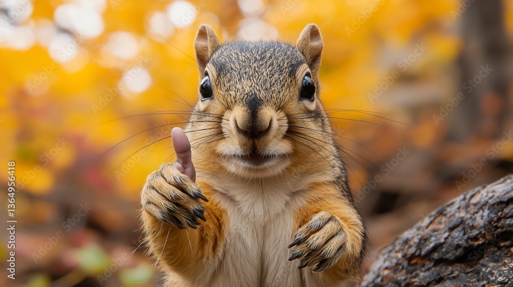 Autumn Squirrel Thumbs Up, Forest Background, Cute Wildlife Autumn Squirrel Thumbs Up, Forest Background, Cute Wildlife