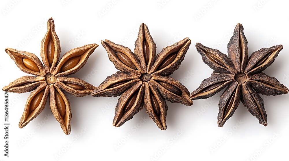 Three star shaped spices displayed horizontally on a white background Three star shaped spices displayed horizontally on a white background