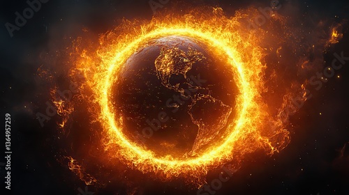 Against a black background, a ring of fire glows around planet Earth, symbolizing the urgent issues of global warming and climate change impacting the environment.