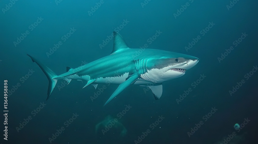 Obraz premium Majestic great white shark gracefully gliding through the deep ocean's tranquil blue depths, a breathtaking underwater spectacle.