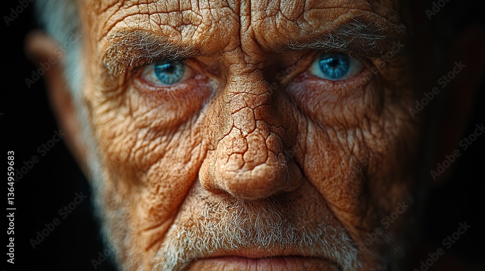An elderly man with cracked skin symbolizes mental strain and information overload. An elderly man with cracked skin symbolizes mental strain and information overload.