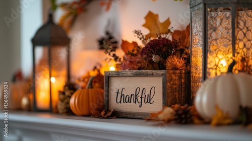 Cozy autumn mantel decor with pumpkins, lanterns, and thankful sign
