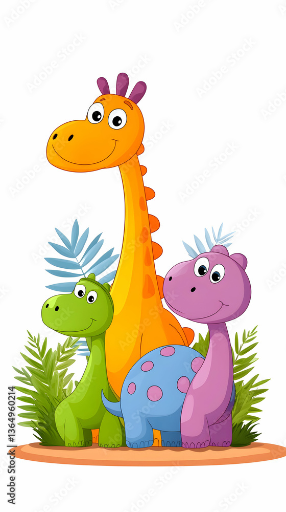 Obraz premium Cartoon dinosaurs and giraffe, kid-friendly illustration