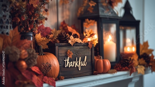Cozy autumn decor with pumpkins, lanterns, and fall leaves