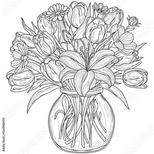 Bouquet of flowers in a jar.Coloring book antistress for children and adults. 