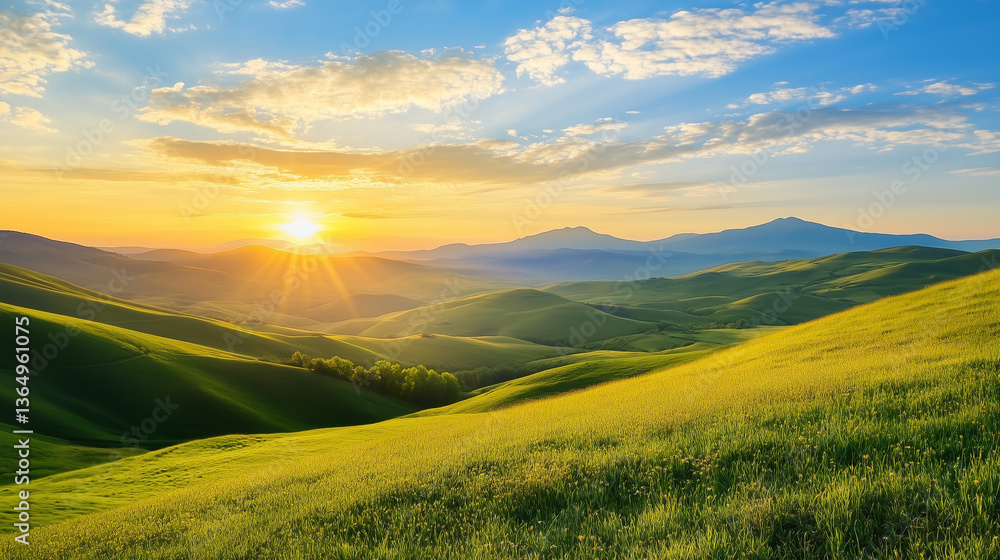 Fototapeta premium Golden morning sun rising over vast rolling hills casting long shadows across green meadows and valleys. Concept of hope, peace, nature and fresh beginning.