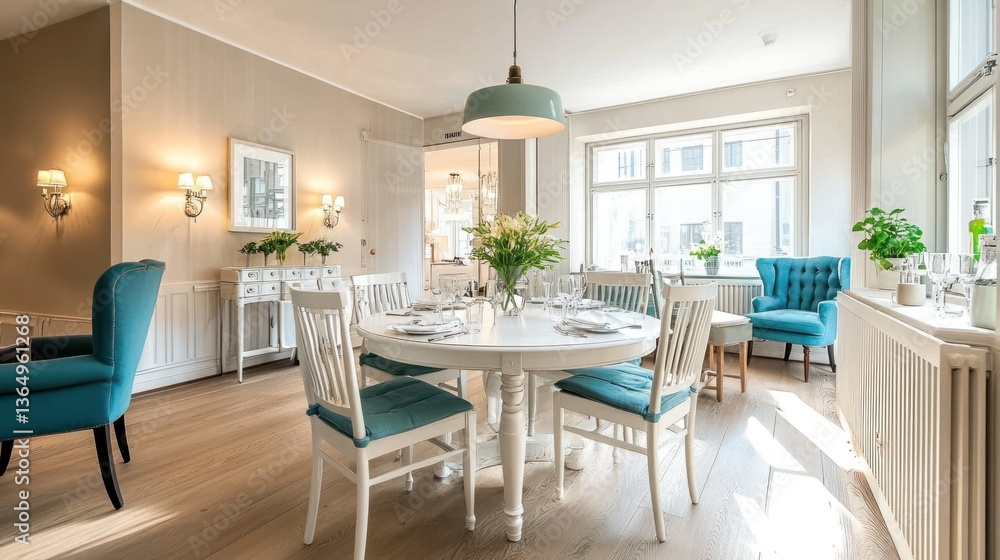 Fototapeta premium Light-filled dining room with teal accents, interior design