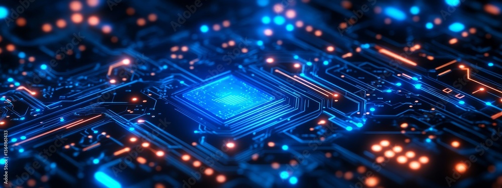 Obraz premium A modern digital scene with glowing blue lights and beams, symbolizing advanced technology and data transfer, suitable for tech-themed projects