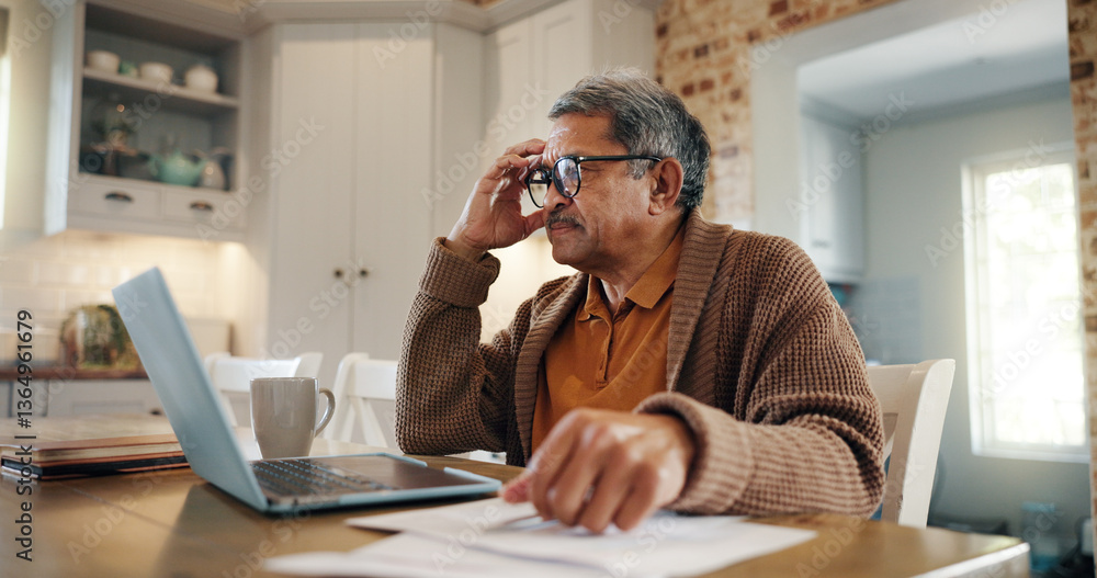 Fototapeta premium Stress, laptop and senior man with documents in home for asset management, finance crisis or pension fund mistake. Financial planning, person and thinking of retirement investment and mortgage debt