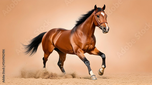 Chestnut horse galloping on sand