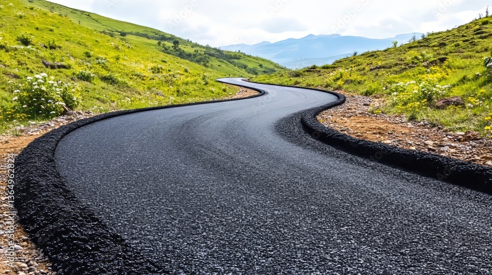 Naklejka premium A serene blue sky overlooks a winding road that traverses verdant green hills