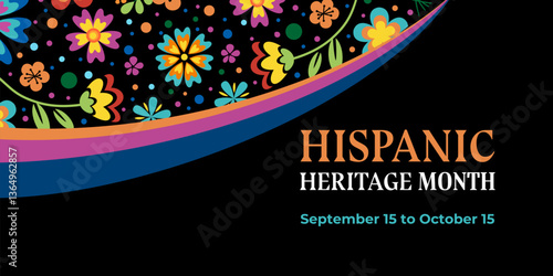 Hispanic heritage month. Vector web banner, poster, card for social media, networks. Greeting with national Hispanic heritage month text, ornament on black background.