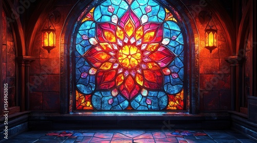 Stained glass window, medieval interior