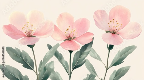 Wallpaper Mural ethereal soft pink blossom trio delicate leaves elegant stems botanical artwork floral arrangement serene pastel palette artistic presentation Torontodigital.ca