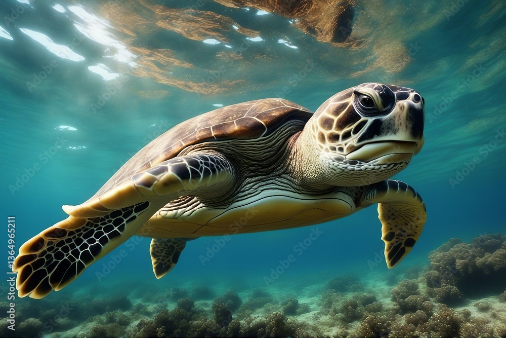Fototapeta premium A Majestic Large Turtle Gracefully Swimming in the Clear Blue Ocean. Generative AI