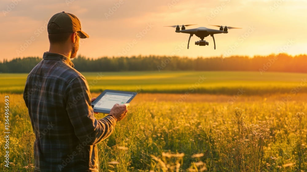 A drone technician calibrating environmental survey UAVs, open field with drones flying overhead and environmental data on tablet, High-tech style A drone technician calibrating environmental survey UAVs, open field with drones flying overhead and environmental data on tablet, High-tech style