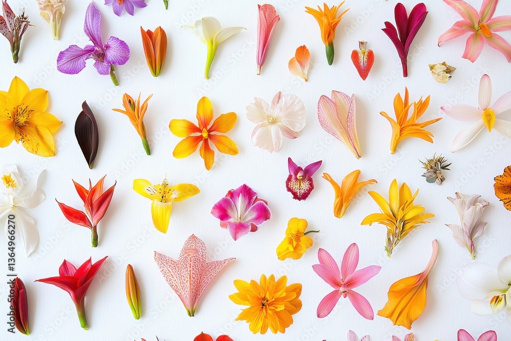 Obraz premium Colorful Collection of Flower Petals on White Background