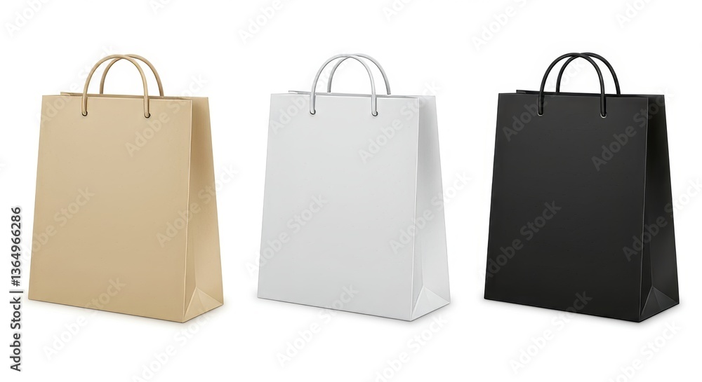 mockup Three different shopping bags against a plain white background, each with a distinct color. The first is a light beige, the second is pure white, and the third is a deep, solid black. mockup Three different shopping bags against a plain white background, each with a distinct color. The first is a light beige, the second is pure white, and the third is a deep, solid black.