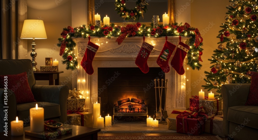 Cozy Christmas Fireplace Scene Decorated Mantel Christmas Tree and Gifts Cozy Christmas Fireplace Scene Decorated Mantel Christmas Tree and Gifts