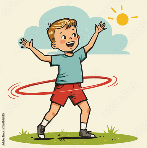 Happy boy playing with hula hoop in sunny outdoor setting  