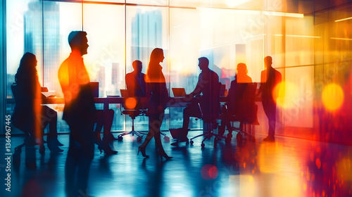 Blurred people silhouettes working in office, manager strategy, teamwork brainstorming, abstract business background