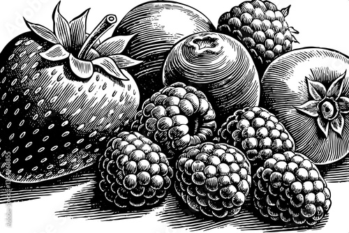Berries healthy fruit food illustration black and white hand drawn sketch outline