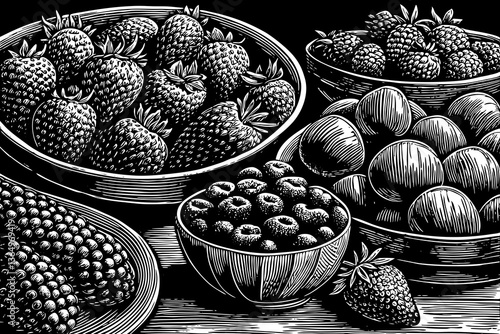 Berries healthy fruit food illustration black and white hand drawn sketch outline