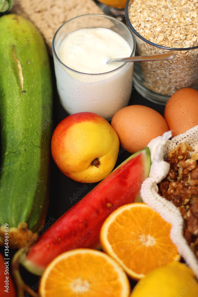 Various healthy fruits, vegetables and cereals on dark background. Selective focus.