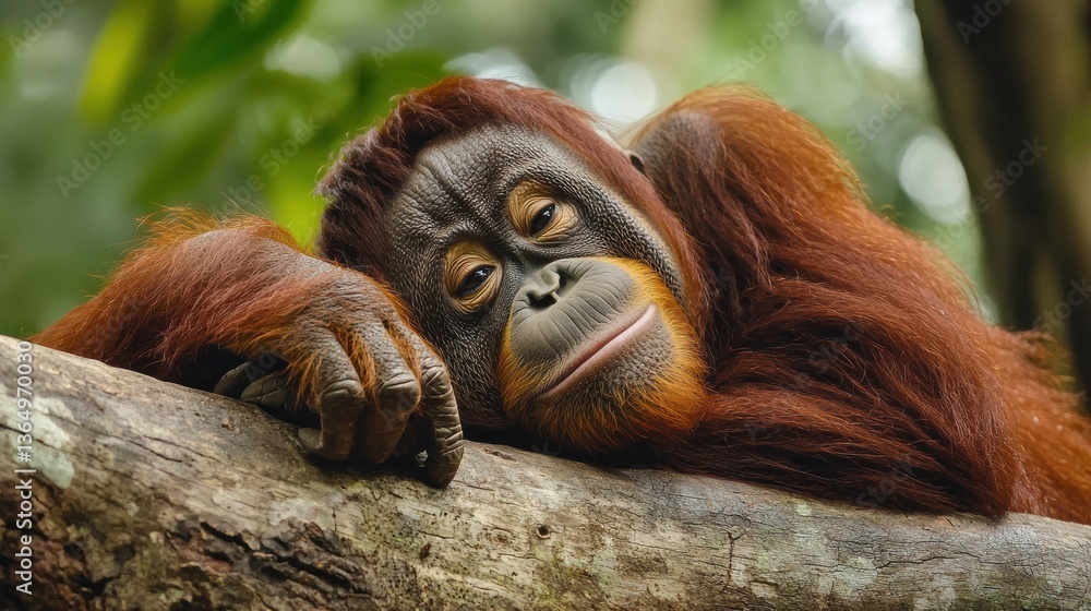 Obraz premium A serene orangutan resting on a tree branch, displaying its expressive features amidst a lush green background.