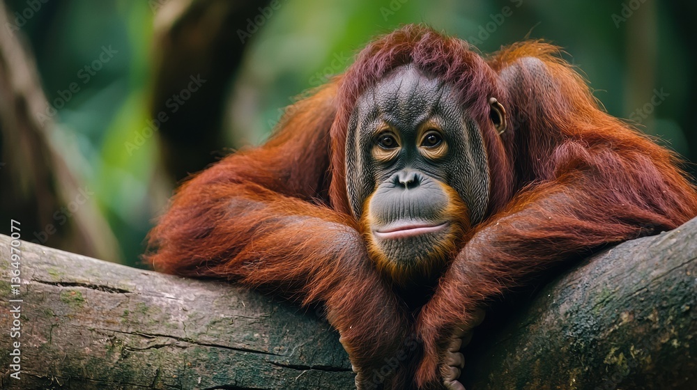 Fototapeta premium A close-up of an orangutan resting on a branch, showcasing its expressive face and vibrant orange fur in a lush, green environment.