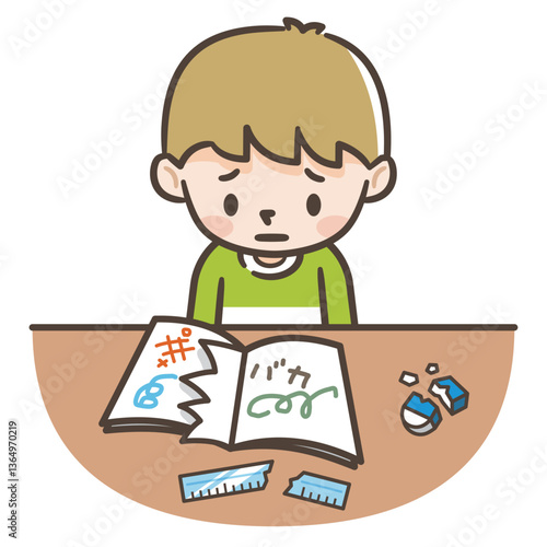 いじめにあう男の子のイラスト　ノートを破れ落書きをされた