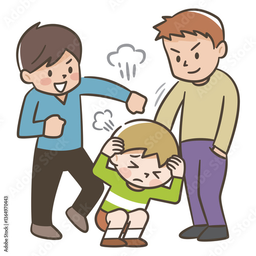 殴る蹴るの暴力でいじめる子供のイラスト