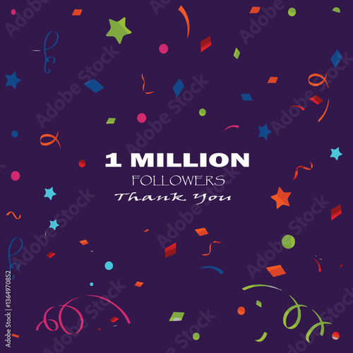 Thank you followers label badge white color theme isolated on purple background. 1 million followers. Vector greeting artwork.