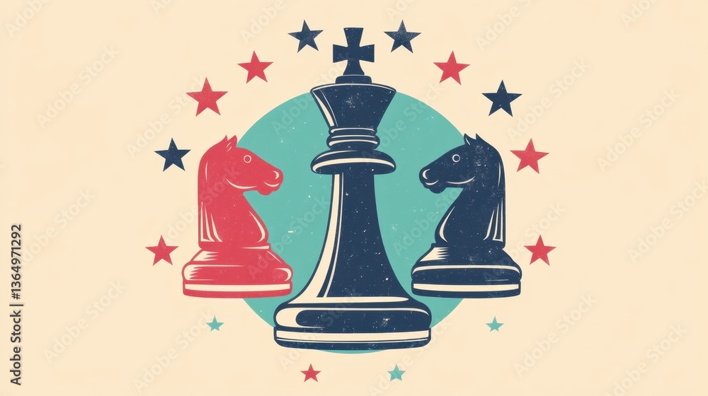 Fototapeta premium King and knights chess pieces facing each other with stars background