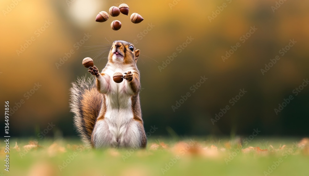 Obraz premium A squirrel playfully juggles acorns in autumnal setting