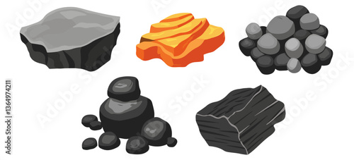 Clip art hand drawn simplistic illustration of different coals, minerals, stones or rocks set. Cartoon game art rocks and stones