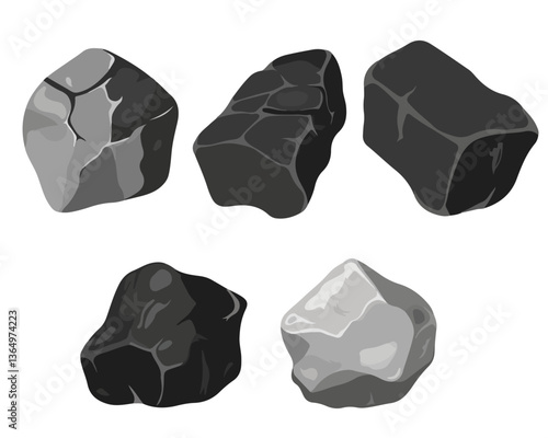 Clip art hand drawn simplistic illustration of different coals, minerals, stones or rocks set. Cartoon game art rocks and stones