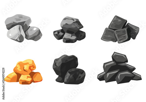 Clip art hand drawn simplistic illustration of different coals, minerals, stones or rocks set. Cartoon game art rocks and stones