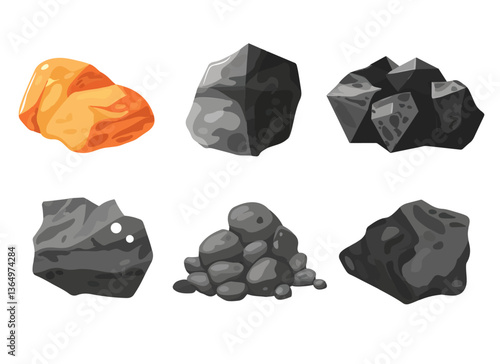 Clip art hand drawn simplistic illustration of different coals, minerals, stones or rocks set. Cartoon game art rocks and stones