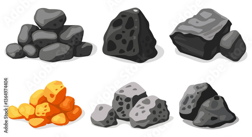 Clip art hand drawn simplistic illustration of different coals, minerals, stones or rocks set. Cartoon game art rocks and stones